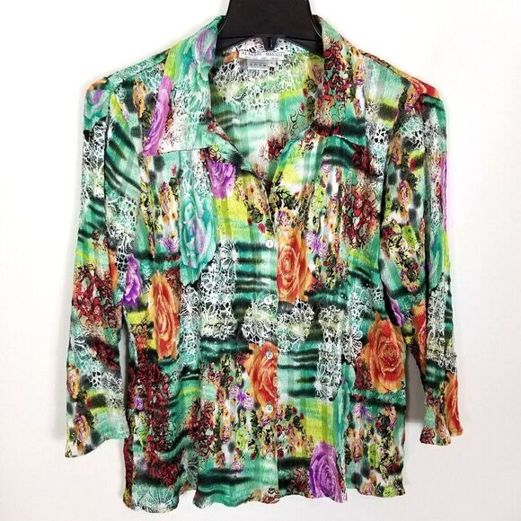 Alberto Makali Women Floral Artsy Blouse Top Sz L Button Up Long Sleeve Stretchy - Picture 1 of 3